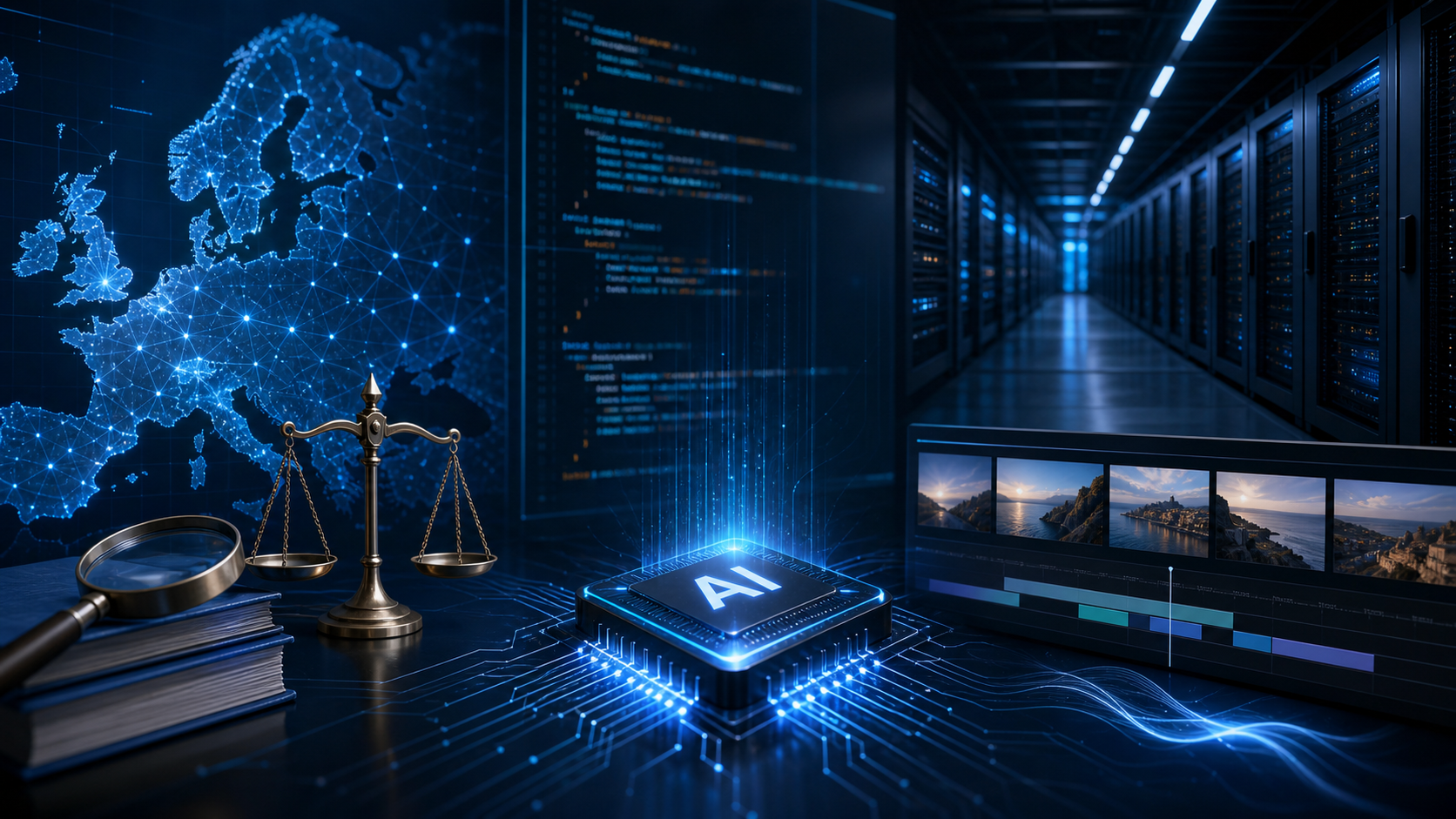 Ilustración editorial sobre inteligencia artificial, regulación europea y supercomputación