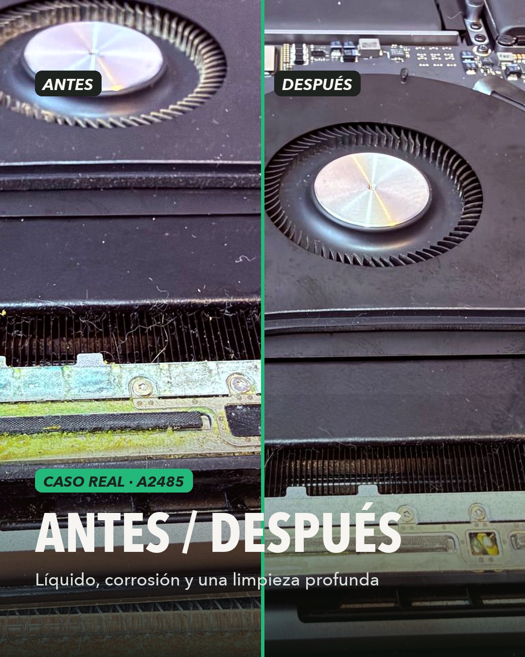 Antes y después de la limpieza profunda de un MacBook Pro A2485 con daños por líquido