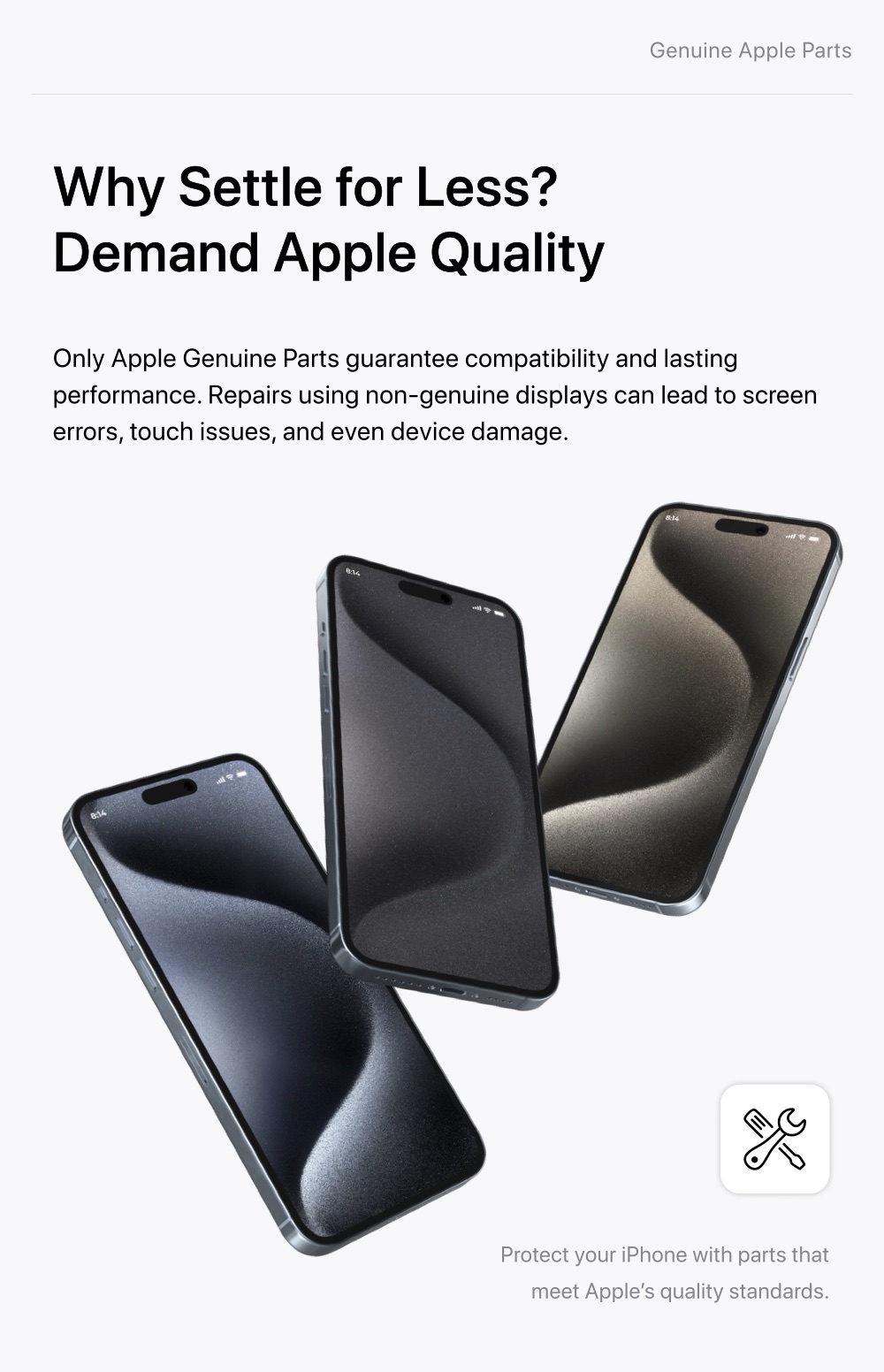 Cartel del programa de piezas originales de Apple: Demand Apple Quality