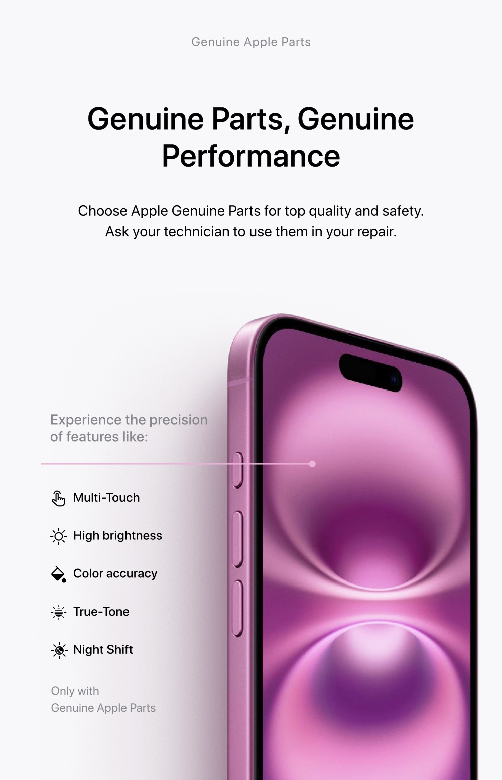 Cartel del programa de piezas originales de Apple: Genuine Parts, Genuine Performance