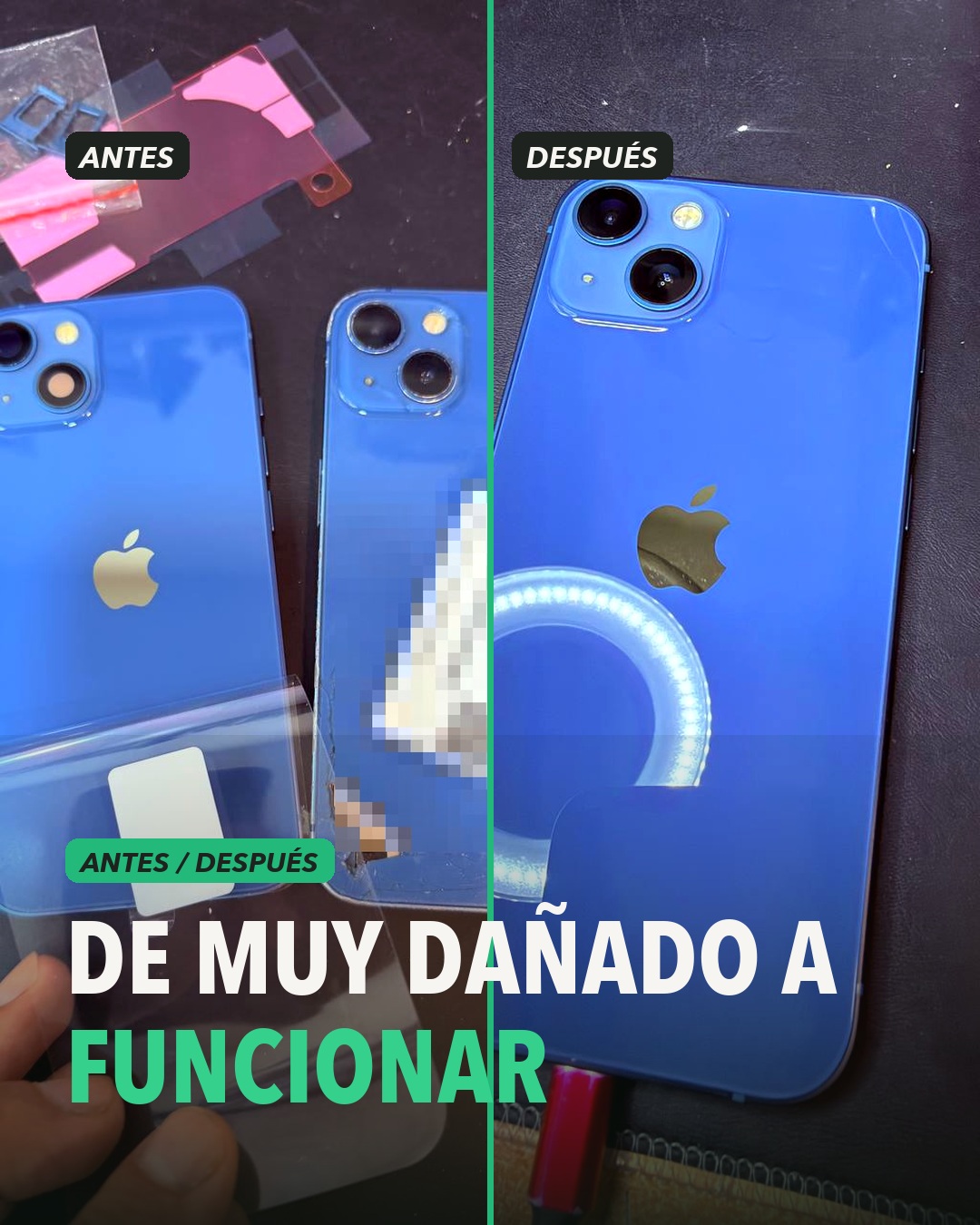 Antes y después de la reconstrucción de un iPhone 13 azul muy dañado