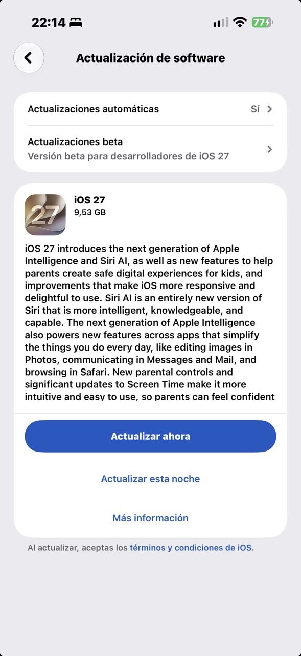 iOS 27 ofrecido con la beta para desarrolladores activada; descarga de 9,53 GB en este iPhone