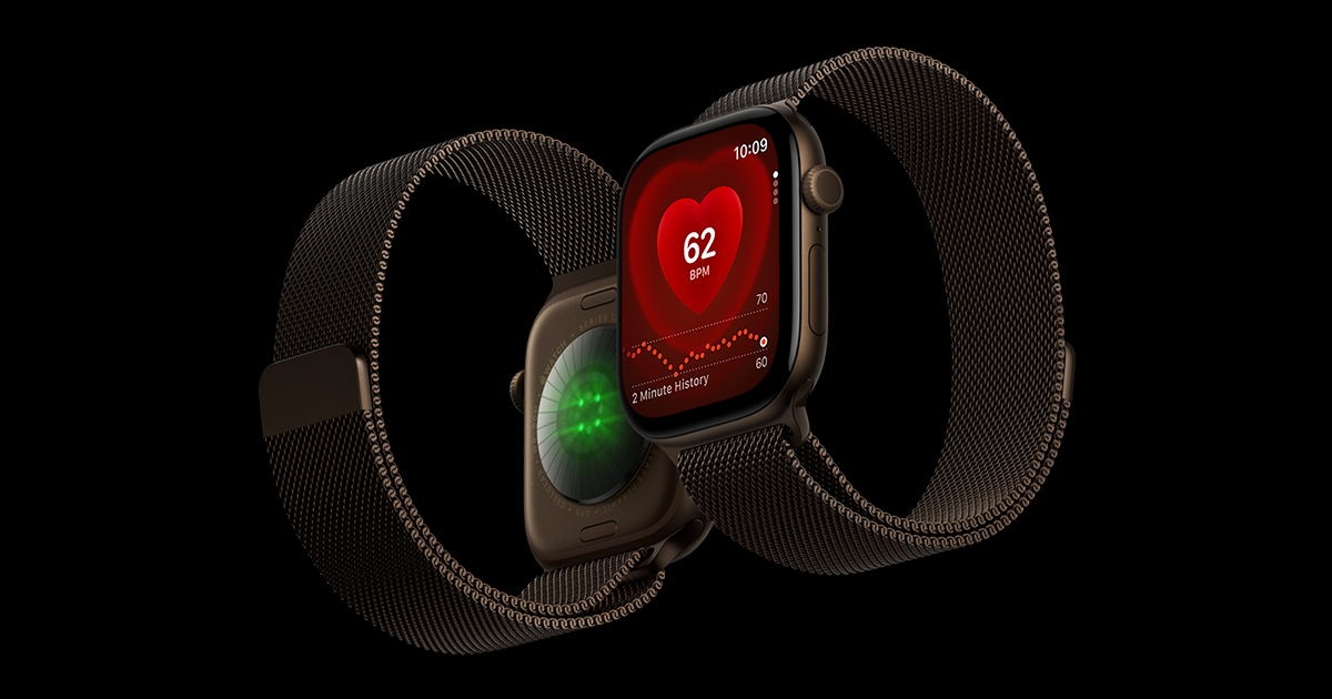 Imagen de Apple del Series 12, con pantalla de frecuencia cardiaca y sensores posteriores.
