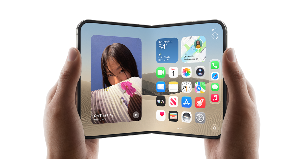 Imagen de Apple del iPhone Duo abierto, con dos aplicaciones visibles en su pantalla interior.