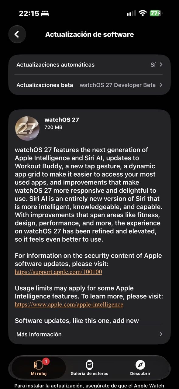 watchOS 27 ofrecido con Developer Beta activada; descarga de 720 MB en este dispositivo