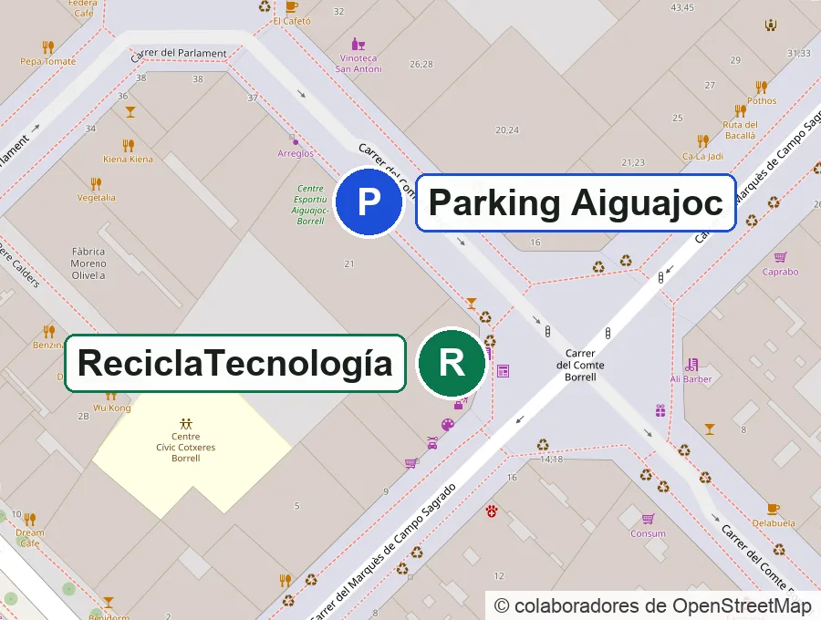 Mapa: el parking del CEM Aiguajoc, en el Carrer del Comte Borrell 21-33, y ReciclaTecnología, en la esquina de Marquès de Campo Sagrado con Comte Borrell.