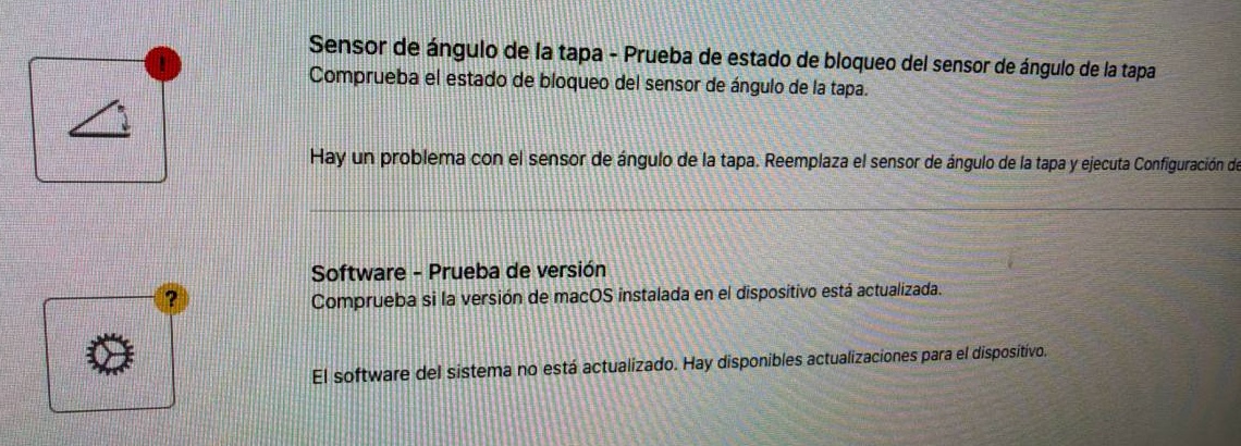 Prueba del sensor de ángulo de la tapa en rojo y advertencia del software en amarillo; recorte saneado.